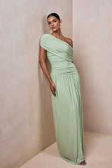 Emberly | Green Draped Asymmetric-Neck Maxi Dress With Drop-Waist