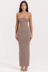 taupe strapless corset maxi dress