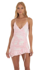 Side Ruched Dress In Pink Swirl