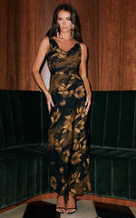 Dara Midi Dress - Low Neck Sleeveless Slip Dress In Amber Floral Print
