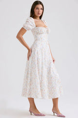 white posy print cotton puff sleeve midi sundress
