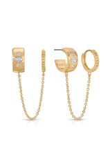 Double Piercing Bezel Crystal Dangle Earrings