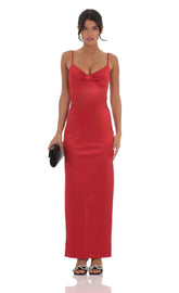 Satin Front Bow Maxi Dress In Red
