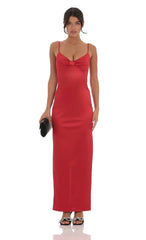Satin Front Bow Maxi Dress In Red