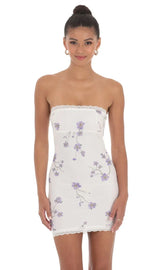 Floral Lace Strapless Bodycon Dress In White