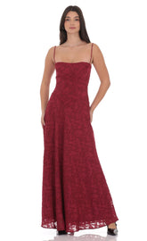 Burnout Lace-Up Maxi Dress in Maroon