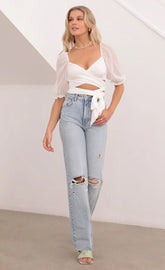 Aliah Puff Chiffon Wrap Top In White