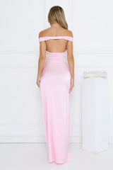 Spark Babe Off Shoulder Satin Maxi Dress Pink