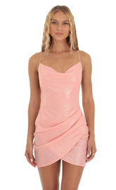 Cowl Neck Gold Foiled Dress In Pink