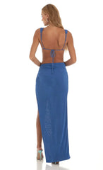 Rhinestone Two Piece Maxi Skirt Set In Blue