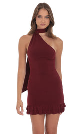 Scarf Halter Ruffle Dress in Burgundy