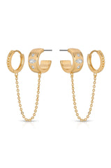 Double Piercing Bezel Crystal Dangle Earrings