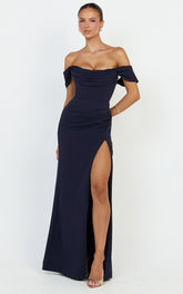 Off Shoulder Corset High Split Dress In Navy