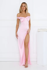 Spark Babe Off Shoulder Satin Maxi Dress Pink