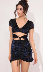 Tie Cutout Ruffle And Ruched Dress In Navy Burnout