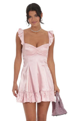 Satin Ruffle Fit And Flare Dress In Pink