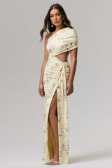 Overload | Lemon Print Asymmetric Wrap Split Maxi Dress