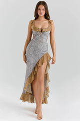 paisley print georgette ruffle maxi dress