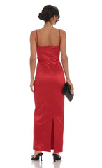 Satin Front Bow Maxi Dress In Red