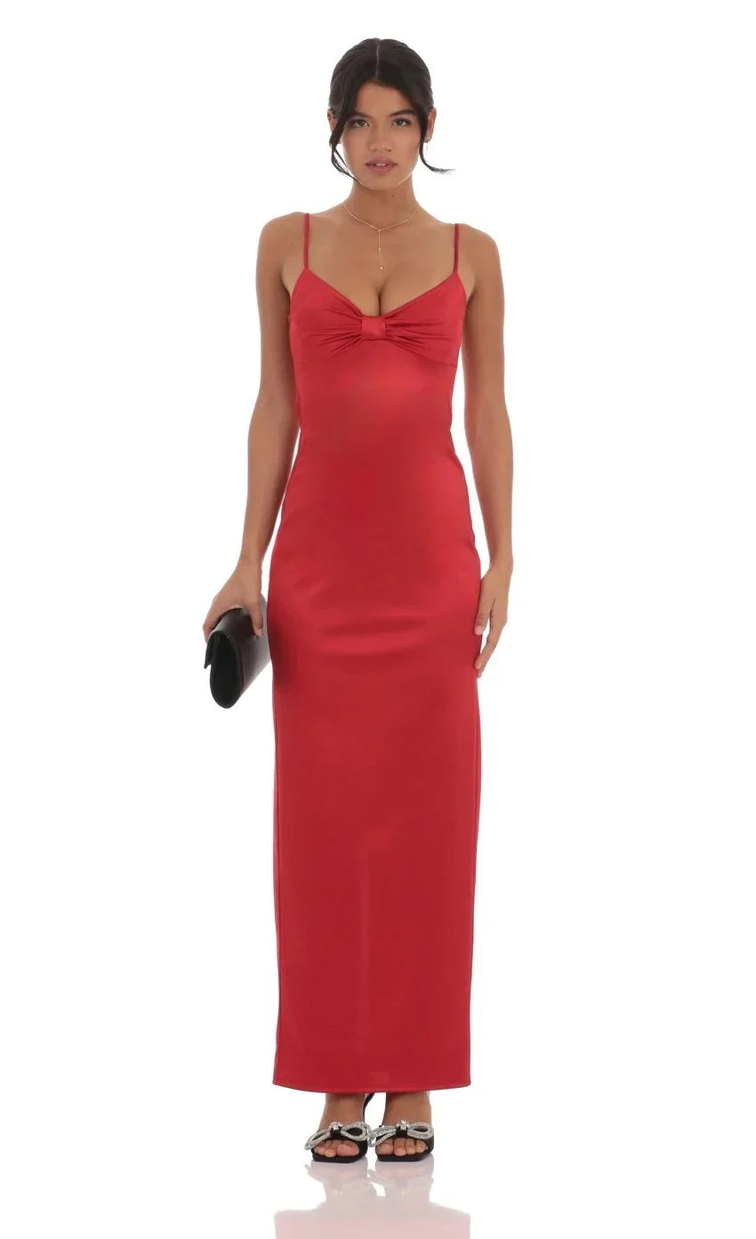 Satin Front Bow Maxi Dress In Red