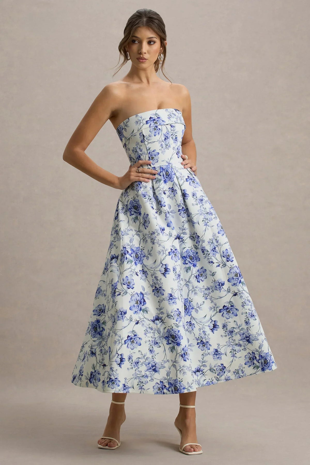 Annalise | Blue Porcelain Print Bandeau Skater Midi Dress