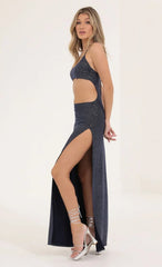 Glitter Tummy Cutout Maxi Dress In Navy