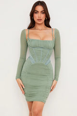 green gathered corset dress