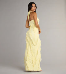 Blake Mesh Halter Slit Ruffle Formal Dress