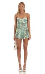 Strapless Romper In Green Swirl