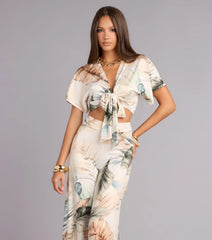 Getaway Mode Tropical Print Tie-Front Top