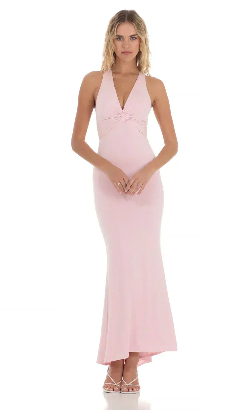 Twist V-Neck Maxi Dress in Pink