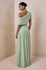 Emberly | Green Draped Asymmetric-Neck Maxi Dress With Drop-Waist