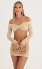 Velvet Off The Shoulder Top In Nude