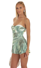 Strapless Romper In Green Swirl