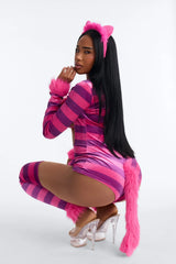 Sexy Wonderland Cheshire Cat 4 Piece Costume Set - Pink/Combo