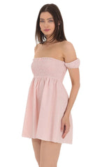 Striped Smocked Off Shoulder Dress In Pink