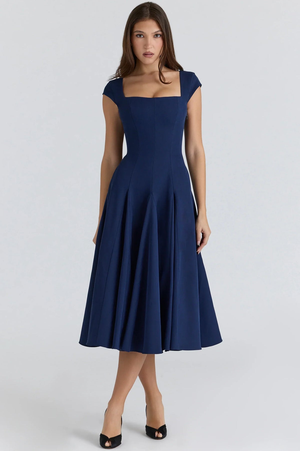 navy lace back twill midi dress